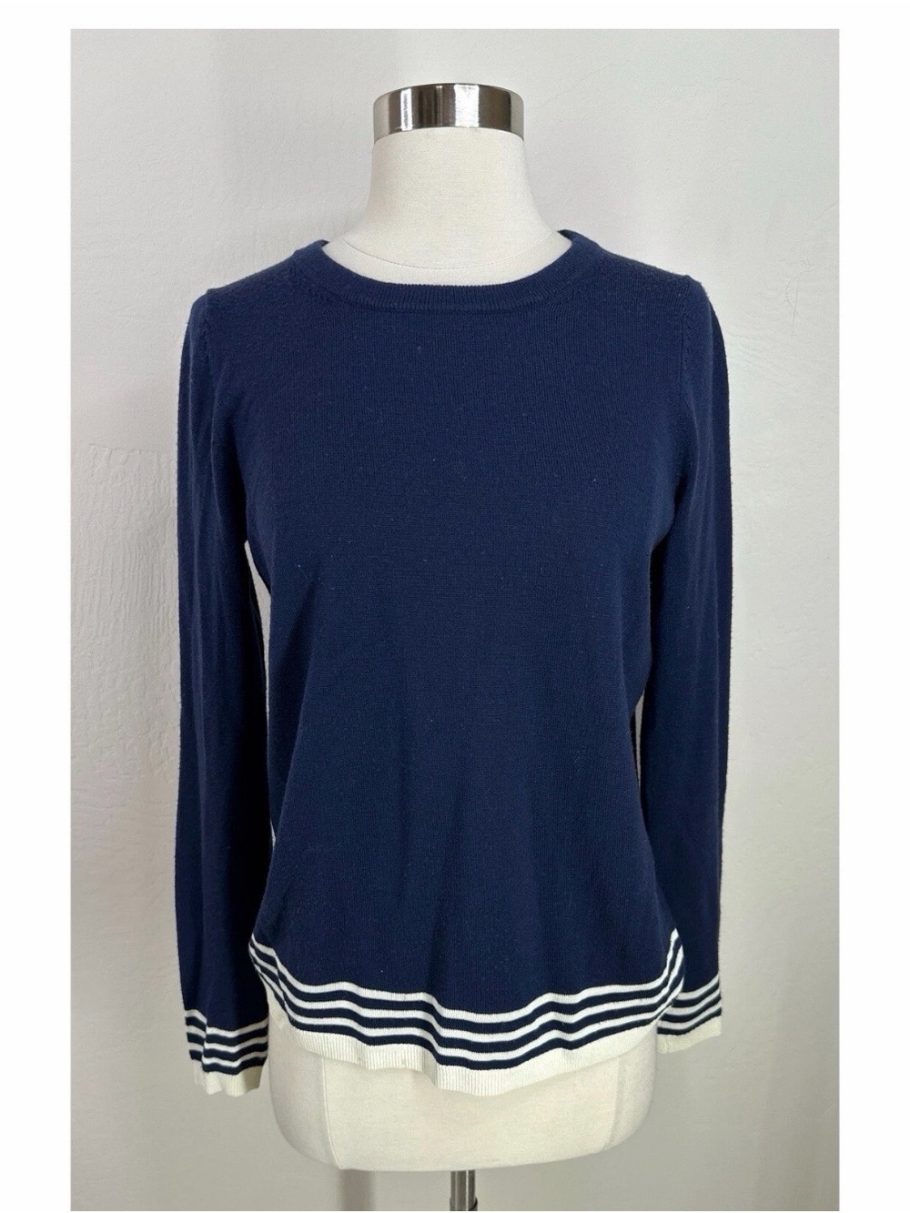 Boden Classic Nautical Wool Crewneck Sweater with White Stripe Hem